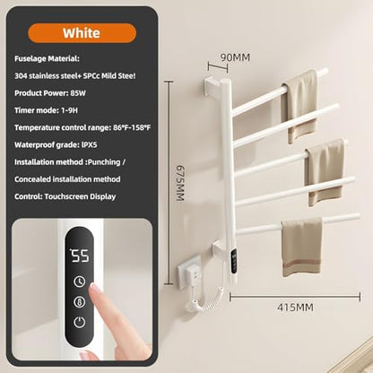 180°Rotation Electric Heated Towel Rack Wall Mounted Towel Warmer Racks 5 Bars Hardwired & Plug-in Hot Towel Rack with 1H-9H Timer for Home Bathroom Salons and Spas (White) - size: G63