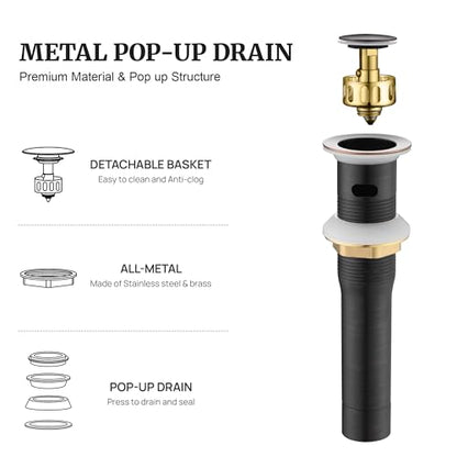 Pop up Sink Drain Stopper for Bathroom Vessel Vanity Sink Art Basin Oil Rubbed Bronze, Small Cap with Overflow, Metal Pop-up Drain Strainer with Detachable Basket Stopper | Pop Up Drain, Made of Metal, Small Cap, with Detachable Basket Stopper, Drain Fast