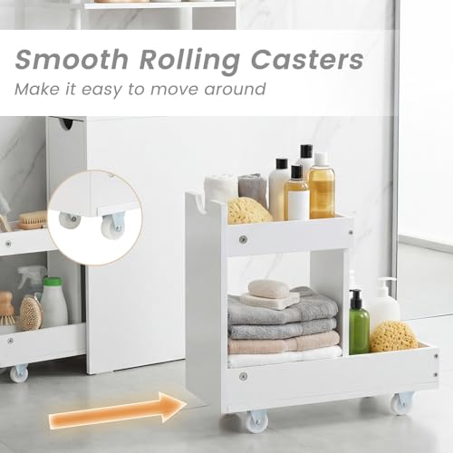 Giantex Slim Storage Cabinet, Narrow Freestanding Bathroom Organizer with Open Shelves, Pull-Out Drawer and Slide-Out Cart, Space-Saving Wooden Floor Cabinet for Entryway, Living Room and Kitchen
