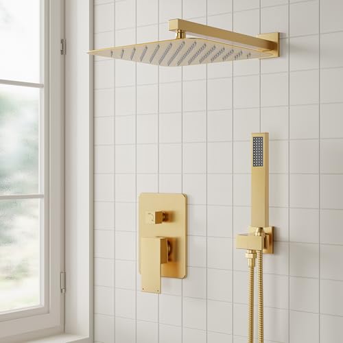 ESNBIA Gold Shower Head, Rainfall Shower System with 10 Inches Rain Shower Head, All Metal Shower Faucet Set with Shower Valve, Wall Mounted Shower Fixtures, Brushed Gold - color: Brushed Gold, style: 10 Inches