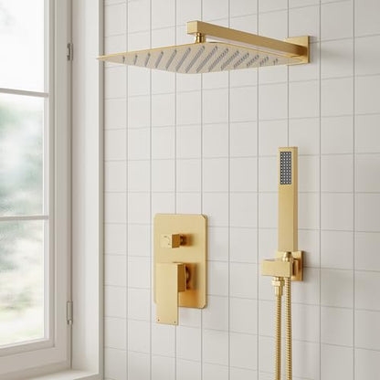 ESNBIA Gold Shower System, 12 Inches Shower faucet Set with Pressure Balance Shower Valve, High Pressure Gold Shower Head and Handle Set, Wall Mounted Shower Fixtures, Brushed Gold - color: Brushed Gold, style: 12 Inches