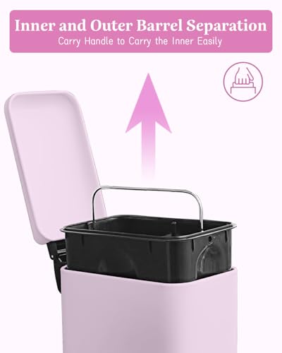 Bathroom Trash Can, Small Trash Can with Lid, Pink Cute Trashcan | 1.3 Gal, Trash Can with Removable Inner Bucket, Soft Close lid, Stainless Steel Step Pedal Garbage Can for Bathroom, Bedroom - color: Pink