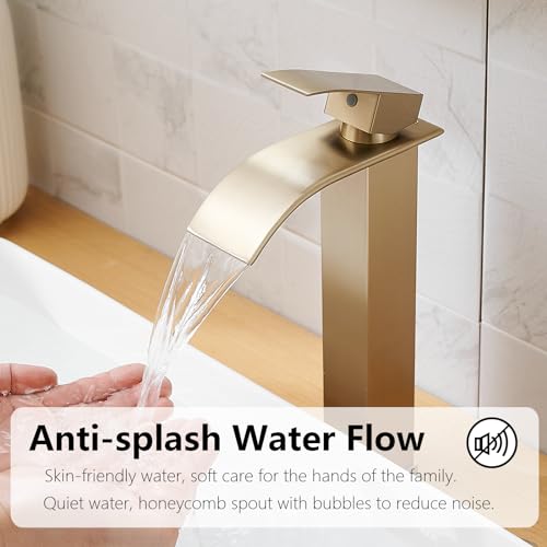 Brushed Gold Bathroom Vessel Sink Faucet Modern Waterfall Vessel Faucet | Stainless Steel Tall 1 Hole Single Handle Vanity Lavatory Modern Commercial Mixer Tap With Pop Up Drain by BATHLAVISH - color: Brushed Gold, size: Modern Vessel Sink Faucet