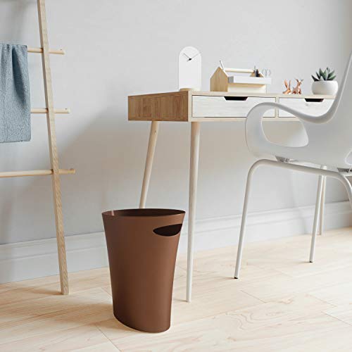 Umbra Skinny Trash Can, Slim Bathroom Garbage Can, 2 Gallon, Bronze | Built-in handle, fits narrow openings and odd spaces, strong construction, easy wipe clean, rounded corners
