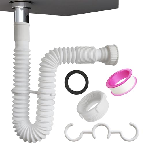 White Flexible Expandable Bathroom P Trap, 1 1/4 to 1 1/2 Sink Drain Adapter Included, Wash Basin Rubber Tips Sink Drain Pipe, Universal Extension Tube for Kitchen Bathroom Sink Sewer Drain - color: White