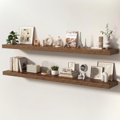 Floating Shelves for Wall, 72 Inch x 8 Inch Deep Wall Mounted Wood Shelf with Invisible Brackets for Storage & Display, Living Room Bedroom Kitchen, Walnut, Set of 2 - color: Walnut, size: 72 Inch, Set of 2