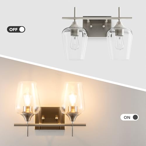 VONLUCE Bathroom Vanity Light, 2 Light Bathroom Light Fixture Over Mirror, Bathroom Wall Lamp with Clear Glass, Modern Brushed Nickel Vanity Lighting fixtures for Bathroom, Bedroom, Hallway | Wine Glass Shades, E26 Sockets, Easy to install, Vanity Lights