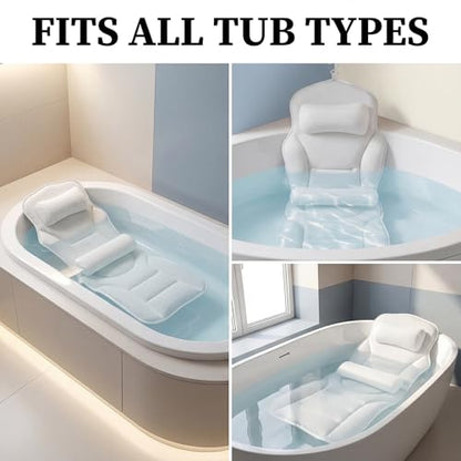 Full Body Bath Pillow for Bathtub, Adjustable Bathtub Pillows, White | Head & Neck Support, Extra Long Thick Bathtub Cushion with 192 Non-Slip Power Suction Cups, Spa Bathing Present (52" x 17")
