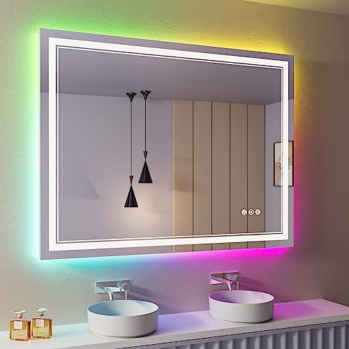 44x30 Inch RGB LED Bathroom Mirror with Lights | Front and RGB Backlit, Dimmable, Memory, Anti Fog, Shatterproof, Horizontal/Vertical, Lighted Mirrors for Bathroom Wall - color: Rgb Backlit, size: 44"L x 30"W