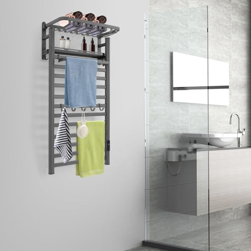 Electric Towel Warmer Rack, 12-Bar Wall Mounted Heated Towel Rack with Smart Touch Screen & Timer, IPX4 Waterproof Aluminum for Bathroom, Plug-in/Hardwired, Grey