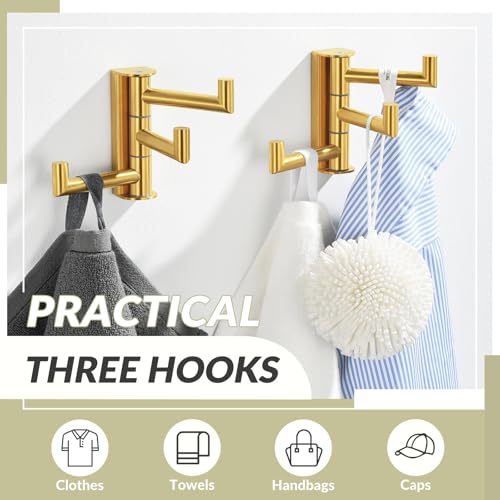 3-Arm Swivel Towel Hooks, 2 Pack, Brushed Gold, Wall Mounted | 304 Stainless Steel, Bathroom Kitchen Closet Use, Heavy Duty 11 lbs Wall Hooks for Towels, Dishrags, Easy 180° Rotate & Fold - color: Brushed Gold, size: 2 Pack