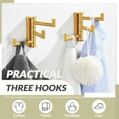 3-Arm Swivel Towel Hooks, 2 Pack, Brushed Gold, Wall Mounted | 304 Stainless Steel, Bathroom Kitchen Closet Use, Heavy Duty 11 lbs Wall Hooks for Towels, Dishrags, Easy 180° Rotate & Fold - color: Brushed Gold, size: 2 Pack