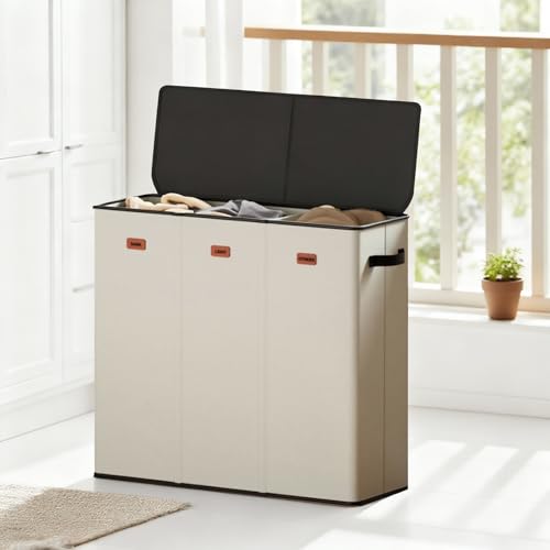 185L Laundry Hamper 3 Section with Lid, Beige Clothes Hamper with 3 Removable Laundry Bags, Large Laundry Basket for Bedroom, Laundry Room, Dorm - color: Beige