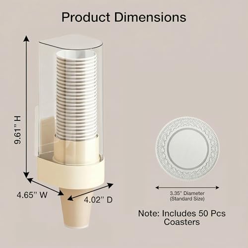 Cup Dispenser Wall Mounted, Large Capacity Bathroom Cup Holder for 4-6oz Cups, Dustproof Water Cooler Organizers with 50 Absorbent Coasters, Beige