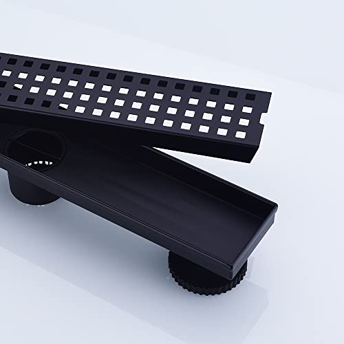 16" SUS304 Linear Shower Drain,Hair Strainer&Adjustable Feet,Matte Black | Nicmondo,2"US Standard Outlet,Sloped channel & checkered grate for fast anti-pooling drainage,indoor & outdoor multi-scene