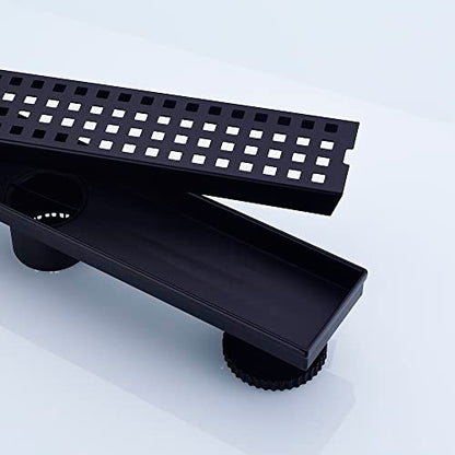 16" SUS304 Linear Shower Drain,Hair Strainer&Adjustable Feet,Matte Black | Nicmondo,2"US Standard Outlet,Sloped channel & checkered grate for fast anti-pooling drainage,indoor & outdoor multi-scene