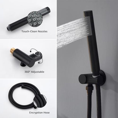 Iriber Mattle Black Round Rain Shower System with 4 PCS Body Jets 3 Function Shower Faucet Set Contain 12 Inch Shower Head and Handheld Wall Mounted Pressure Balance Shower Trim Kit (Valve Included) - color: Matte Black 04