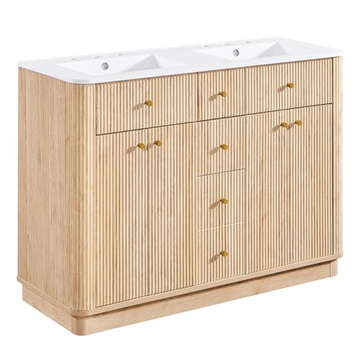 T4TREAM 48" Fluted Bathroom Vanity with Double Sink, Natural Oak | Integrated Resin Sink, 2 Large Storage Cabinets, Adjustable Shelf, 2 Drawers, Three pre-drilled faucet holes, Mid-Century - color: Natural Oak, size: 48" (Bouble Sink)