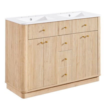 T4TREAM 48" Fluted Bathroom Vanity with Double Sink, Natural Oak | Integrated Resin Sink, 2 Large Storage Cabinets, Adjustable Shelf, 2 Drawers, Three pre-drilled faucet holes, Mid-Century - color: Natural Oak, size: 48" (Bouble Sink)