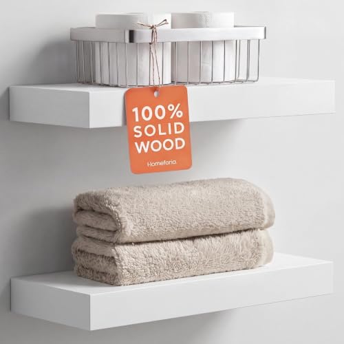 White Floating Shelves 16 inch, High End Solid Real Wood 16inch Bathroom Floating Shelf for Wall Mounted, White Wooden 16 Floating Shelves, Heavy Duty Bracket, 16 X 6.5 X 1.75 inch, Set of 2 - color: Classic White - Soft Neutral Satin, size: 16 inch