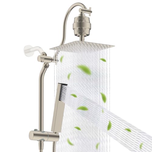 Hibbent All Metal 10'' Filtered Rainfall Shower Head, High Pressure Showerhead combo with 4-mode Handheld Spray, 12'' Extension Arm, Extension Bar with Holder, Shower Filter, Brushed Nickel - color: Brushed Nickel, style: Square 10'' with Filter