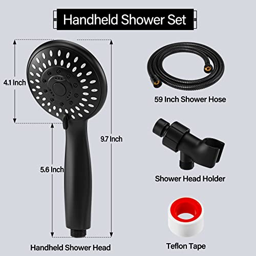 Handheld Shower Head High Pressure 5-Settings with Hose, Matte Black | Powerful Water Spray, Against Low Pressure Water Flow, 59 Inch Stainless Hose, Adjustable Mount - color: Black