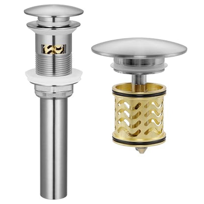 All Metal Pop Up Drain for Bathroom Sink, Bathroom Sink Drain Stopper with Basket, Vanity Sink Drain with Overflow Brushed Nickel Sink Stopper, 18/8 Stainlees & Brass, S20002A-BN - color: Brushed Nickel