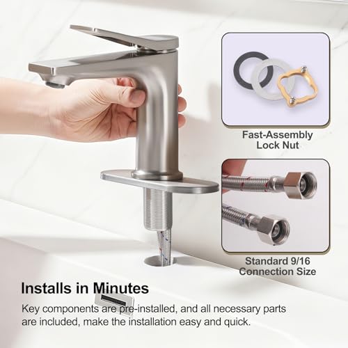Rbrohant Single Hole Bathroom Faucet, Brushed Nickel Single Handle Bathroom Sink Faucets for 1 Hole, Bathroom Vanity Faucet with Pop up Drain and Cover Plate, Deck Mount, R2001-BNP - color: Brushed Nickel, style: With Escutcheon
