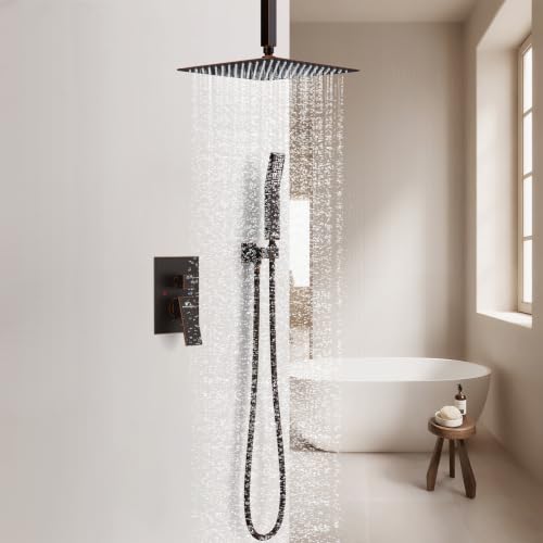 SunCleanse Rainfall Shower System with High Pressure in Oil Rubbed Bronze | Ceiling mounted shower combo set featuring a 12" square rain head, handheld spray, and rough-in mixer valve with trim. - color: Oil Rubbed Bronze, style: 12-ceiling