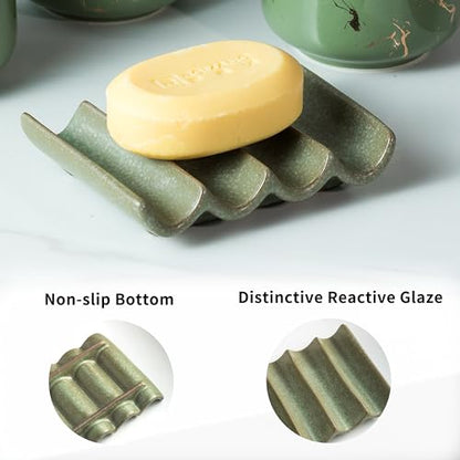 Draining Ceramic Soap Dish - Fluted Design, Bar Soap Holder for Shower & Bathroom, Soap Saver Sponge Lift, Green - color: Green, size: Fluted