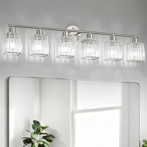 6 Light Bathroom Light Fixtures, Modern Crystal Vanity Lights over Mirror | Metal Frame, Bathroom Light with Square Crystal Shade, ETL Certified, E26 Ceramic Socket, Bulbs Not Included - color: Brushed Nickel, size: 6-Light