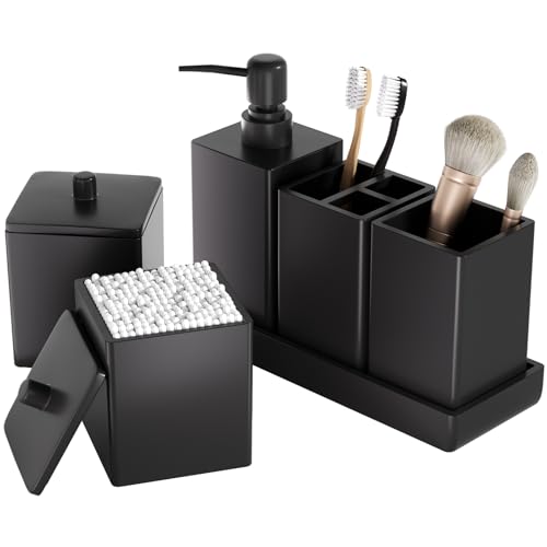 Black Bathroom Accessories Set Resin 6PCS, Square Toothbrush Holders Set Complete with Soap Dispenser, Vanity Tray, Tumbler, Cups and Cotton Swab Jars for Counter, Sink or Small Spaces - color: Black