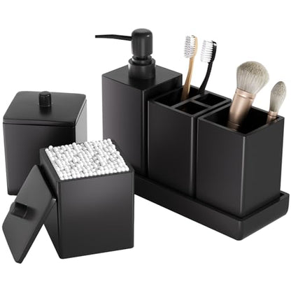 Black Bathroom Accessories Set Resin 6PCS, Square Toothbrush Holders Set Complete with Soap Dispenser, Vanity Tray, Tumbler, Cups and Cotton Swab Jars for Counter, Sink or Small Spaces - color: Black