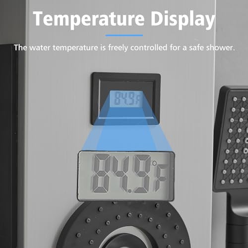 BWE Stainless Steel Shower Panel Tower System,LED Rainfall Waterfall Shower Head,4 Massage Body Jets,3 Functions Handhels Shower and Waterfall Tub Spout,Wall Mounted Shower Panel with Temp Display - color: Brushed Nickel and Black