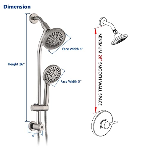 Rainfall Shower Head with Handheld Shower Spray, with 26" Drill Free Adjustable Height Slider Bar, High Pressure Dual Shower Head Combo, 3-Way Diverter for Easy Reach, 5Ft Hose-Brushed Nickel - color: Brushed Nickel