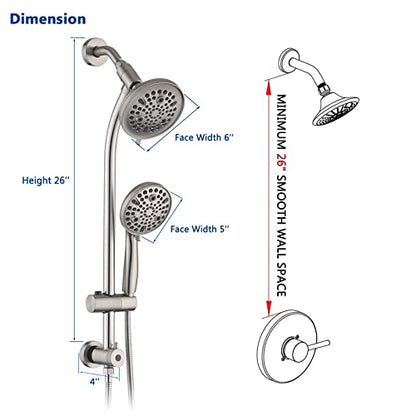 Rainfall Shower Head with Handheld Shower Spray, with 26" Drill Free Adjustable Height Slider Bar, High Pressure Dual Shower Head Combo, 3-Way Diverter for Easy Reach, 5Ft Hose-Brushed Nickel - color: Brushed Nickel