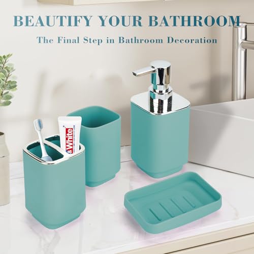 4Pcs Lake Blue Bathroom Set, Square Boho Soap & Toothbrush Holder Set | Thick shatterproof ABS, electroplated rust-proof pump, drip-free, multi-slot holder, dustproof lids, easy-clean - color: Lake Blue, size: 4PCS