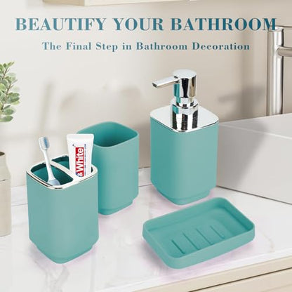4Pcs Lake Blue Bathroom Set, Square Boho Soap & Toothbrush Holder Set | Thick shatterproof ABS, electroplated rust-proof pump, drip-free, multi-slot holder, dustproof lids, easy-clean - color: Lake Blue, size: 4PCS