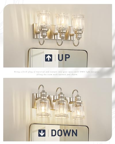 Bathroom Light Fixture, HWH 3-Light Vanity Light Brushed Nickel Modern Bathroom Lights Over Mirror, Bell-Shaped Fluted Glass, 5HZG106B-3W BN - color: Brushed Nickel, size: 3-Light