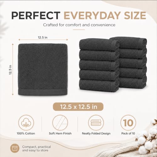 Ameri-Homes Washcloths Pack of 10, 100% Ring Spun Cotton Drak Gray | Soft Face Towel,Highly Absorbent 100% Ring Spun Cotton, 488 GSM Quick-Dry, 12.5 x 12.5 In, WashCloths for Bath Gym Spa - color: Dark Gray