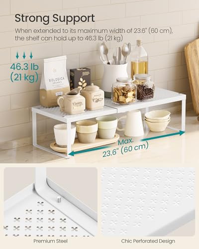 SONGMICS Spice Rack Expandable Kitchen Countertop Shelf, Metal | Small cupboard organizer, space-saving tabletop shelf, Matte White, UKCS007W01 - color: Matte White, size: Set of 1