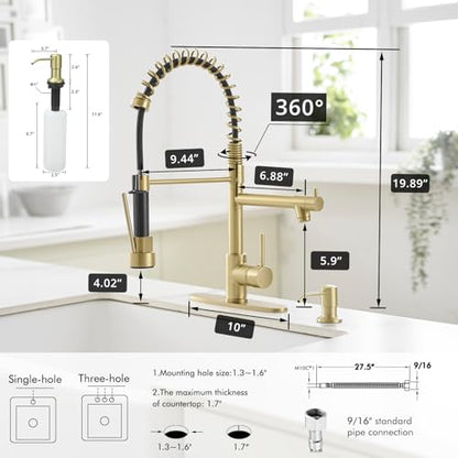 AIMADI Gold Kitchen Faucet with Soap Dispenser,Commercial Single Handle | pull down Kitchen Faucets with Sprayer,Brushed Gold,for 1-hole or 3-hole sinks,Farmhouse RV Laundry - color: Brushed Gold, style: with Soap Dispenser