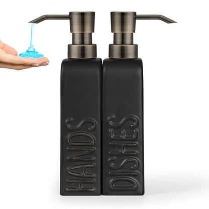Ceramic Soap Dispenser Set for Bathroom and Kitchen, 2Pack Refillable Dish Soap and Hand Soap Dispenser - color: Retro Black-bronze