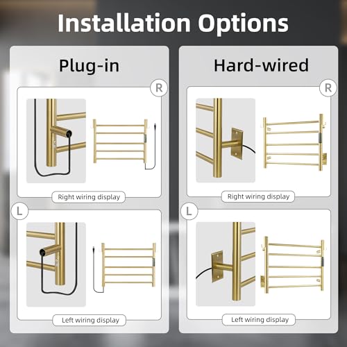 P&Dlusir EL13 Heated Towel Rack, Brushed Gold, 5 Bar | Fast Heat in 2 Min, Smart Timer, Thermo Control, Memory Functoion, Stainless Steel, Hard-Wired/Plug-in - color: Brushed Gold, size: 21.65"W x 17.72"H