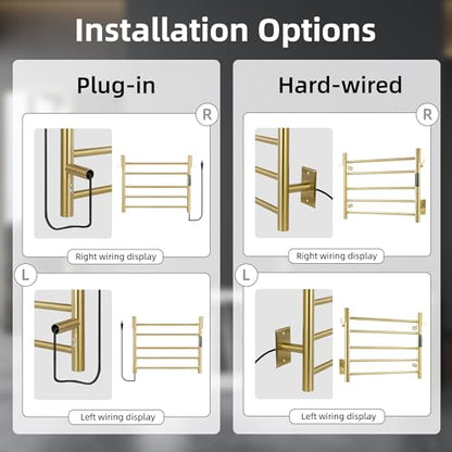 P&Dlusir EL13 Heated Towel Rack, Brushed Gold, 5 Bar | Fast Heat in 2 Min, Smart Timer, Thermo Control, Memory Functoion, Stainless Steel, Hard-Wired/Plug-in - color: Brushed Gold, size: 21.65"W x 17.72"H