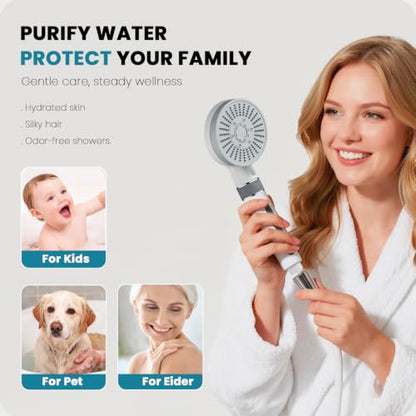 Filtered Shower Head with Handheld, High Pressure 5 Spray Mode | with 4 Filters, Silicone Hose & Bracket, for Hard Water to Remove Chlorine, Soothes Dry Skin & Hair