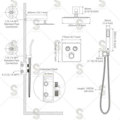SR SUN RISE 100℉ Brushed Brushed Nickel Shower System,10 Inch | Luxury Rainfall Shower Head,High-Pressure Handheld Shower,Soild Brass,Wall Mount,Valve and Trim Kit Included - color: Brushed Nickel, style: 10"