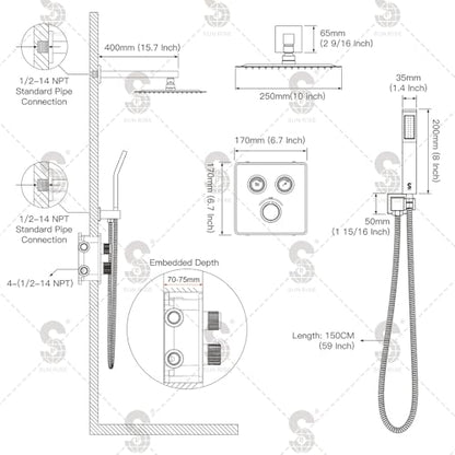 SR SUN RISE 100℉ Brushed Brushed Nickel Shower System,10 Inch | Luxury Rainfall Shower Head,High-Pressure Handheld Shower,Soild Brass,Wall Mount,Valve and Trim Kit Included - color: Brushed Nickel, style: 10"