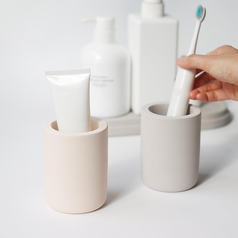 Diatomite Drying Stone Toothbrush Holder, Modern Ceramic-Look Countertop Cup with Drainage for Bathroom, Quick Drying Electric Toothbrush & Toothpaste Organizer, Stoneware Finish - color: Beige