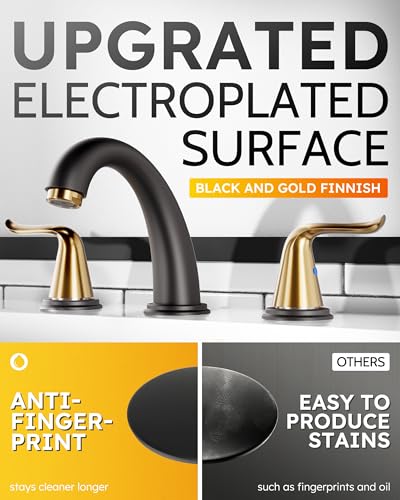 WOWOW Black and Gold Widespread Bathroom Faucet Bathroom Sink Faucet 3 Hole Vanity 2 Handle Basin 8 Inch Mixer Tap with Pop Up Drain and Supply Hose - color: Black and Gold